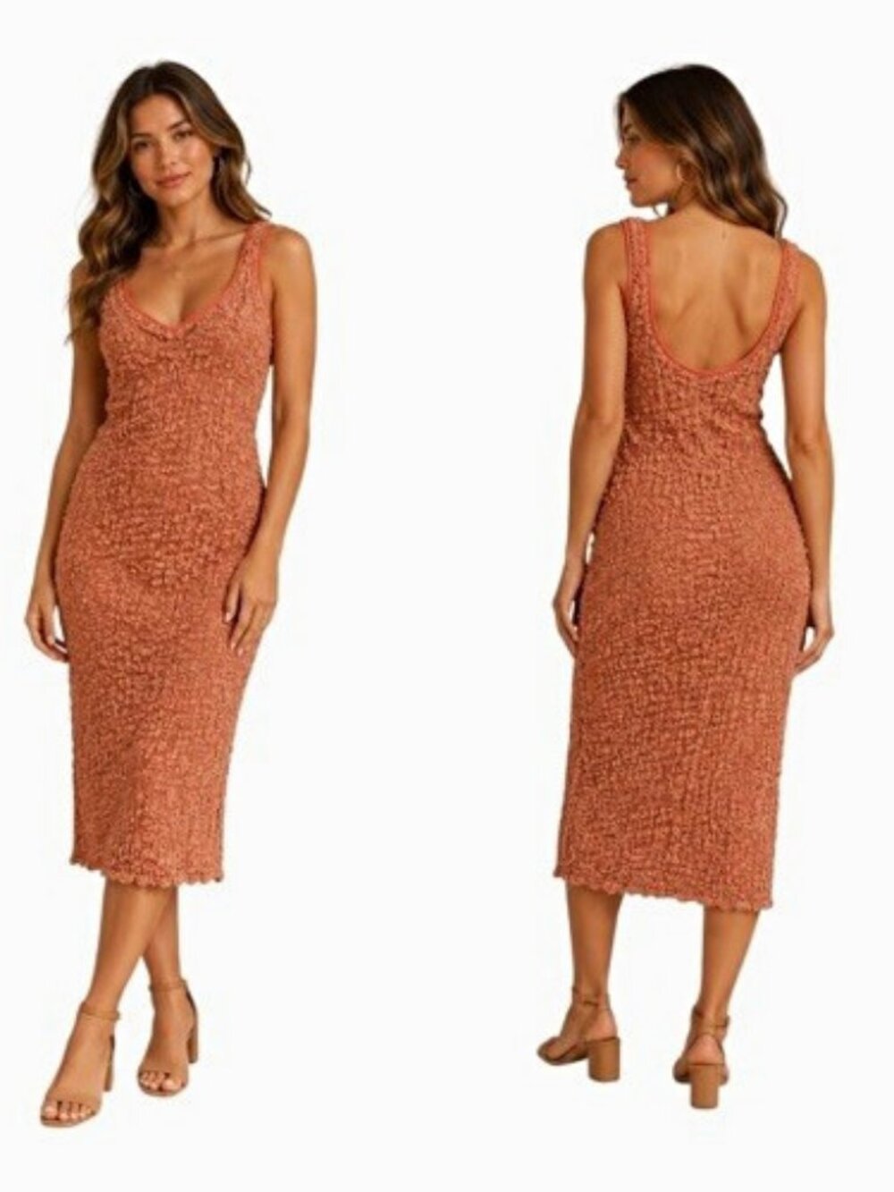 Free People Set The Bar Puckered Smocked Midi Dress Iced Coffee Coral Trim S